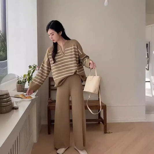 Korean Style Women's Knitted Set High Waist Wide Leg Pants