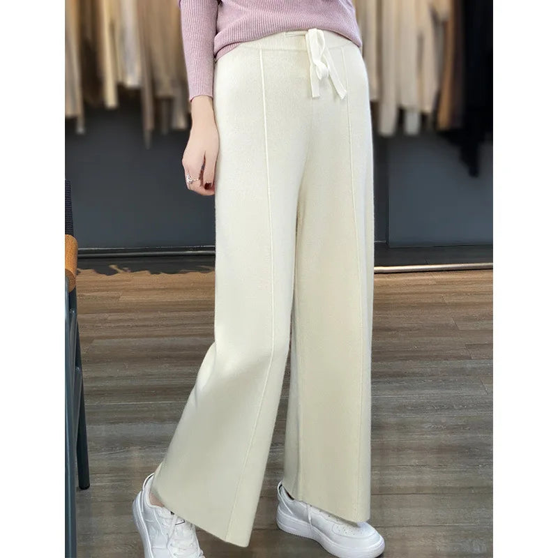 Cashmere Knit Wide Leg Pants - Loose Fit Casual