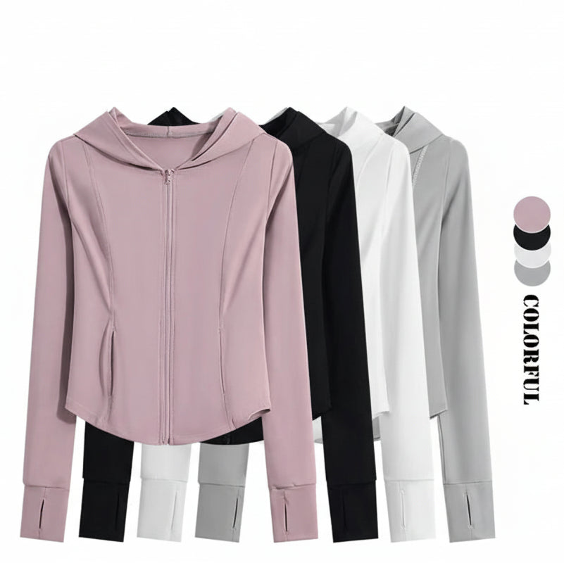 Hooded Zip-Up Athletic Jacket - Long Sleeve with Pockets