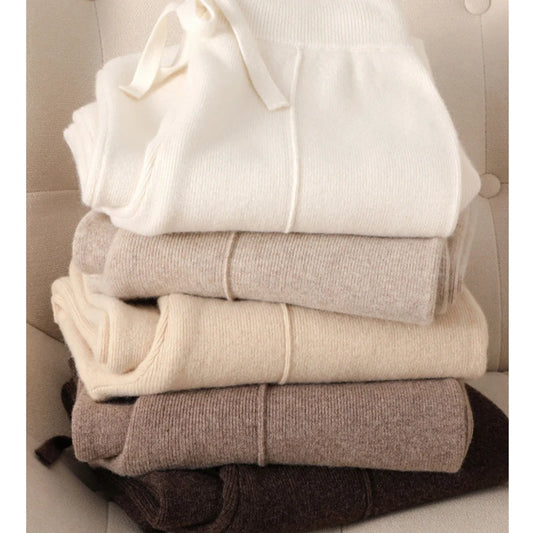 Cashmere Knit Wide Leg Pants - Loose Fit Casual