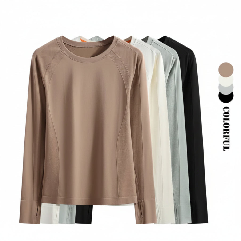 Cropped Long Sleeve Athletic Top - Slim Fit Crew Neck