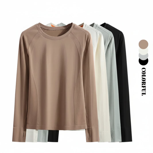 Cropped Long Sleeve Athletic Top - Slim Fit Crew Neck